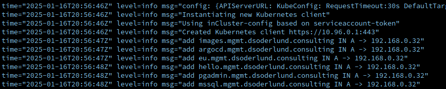 pod logs of the DNS records being updated