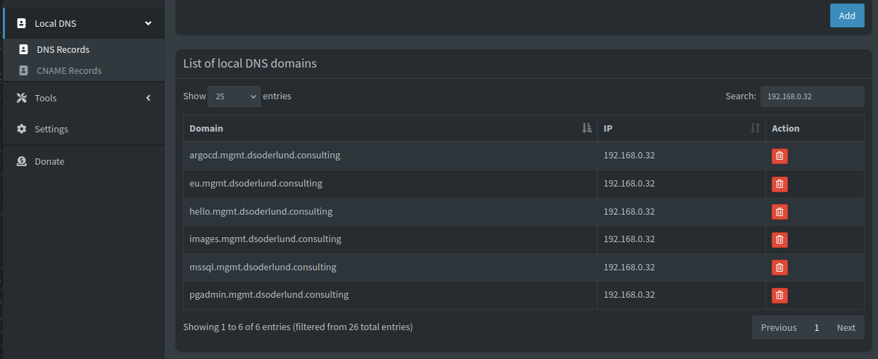 pihole UI showing the new hostnames